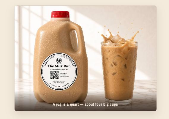 A labeled Milk Run coffee jug beside a glass of iced coffee