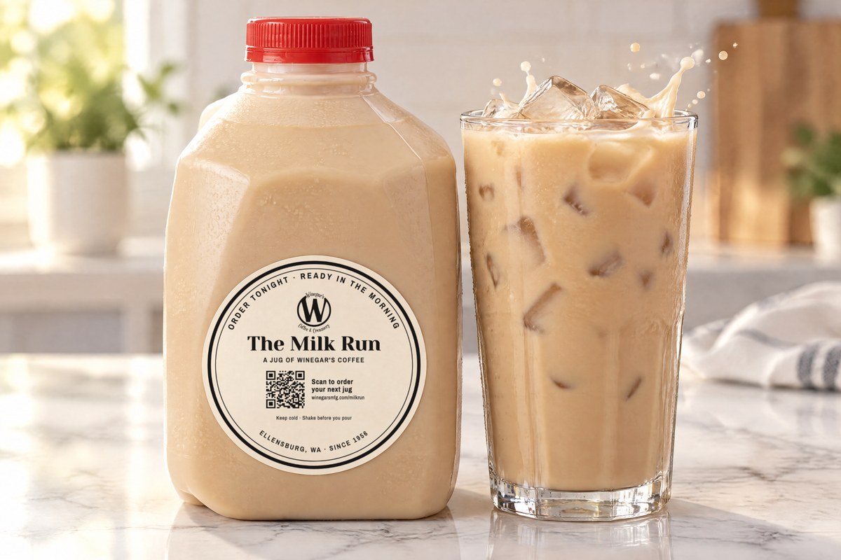 A Milk Run quart jug of latte base beside a tall glass of iced latte