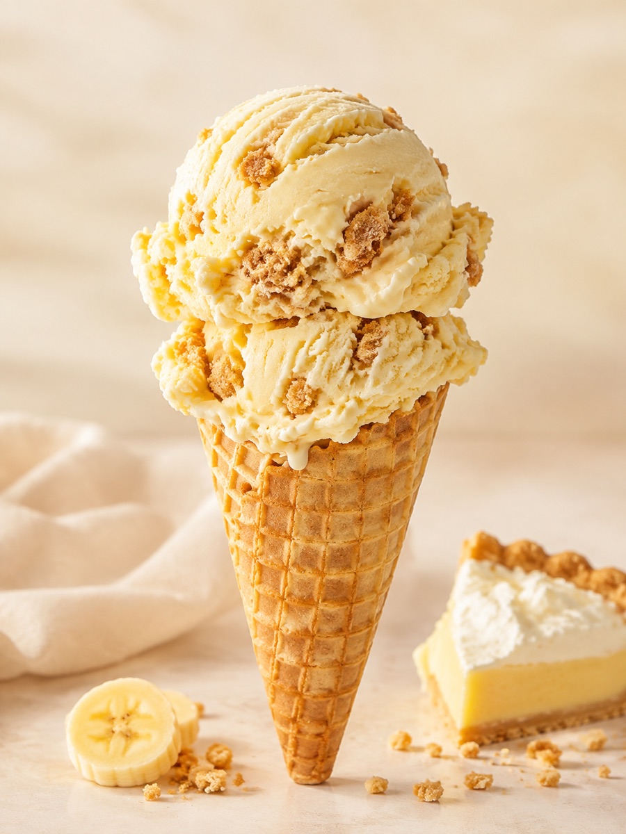 Banana Cream Pie ice cream in a waffle cone
