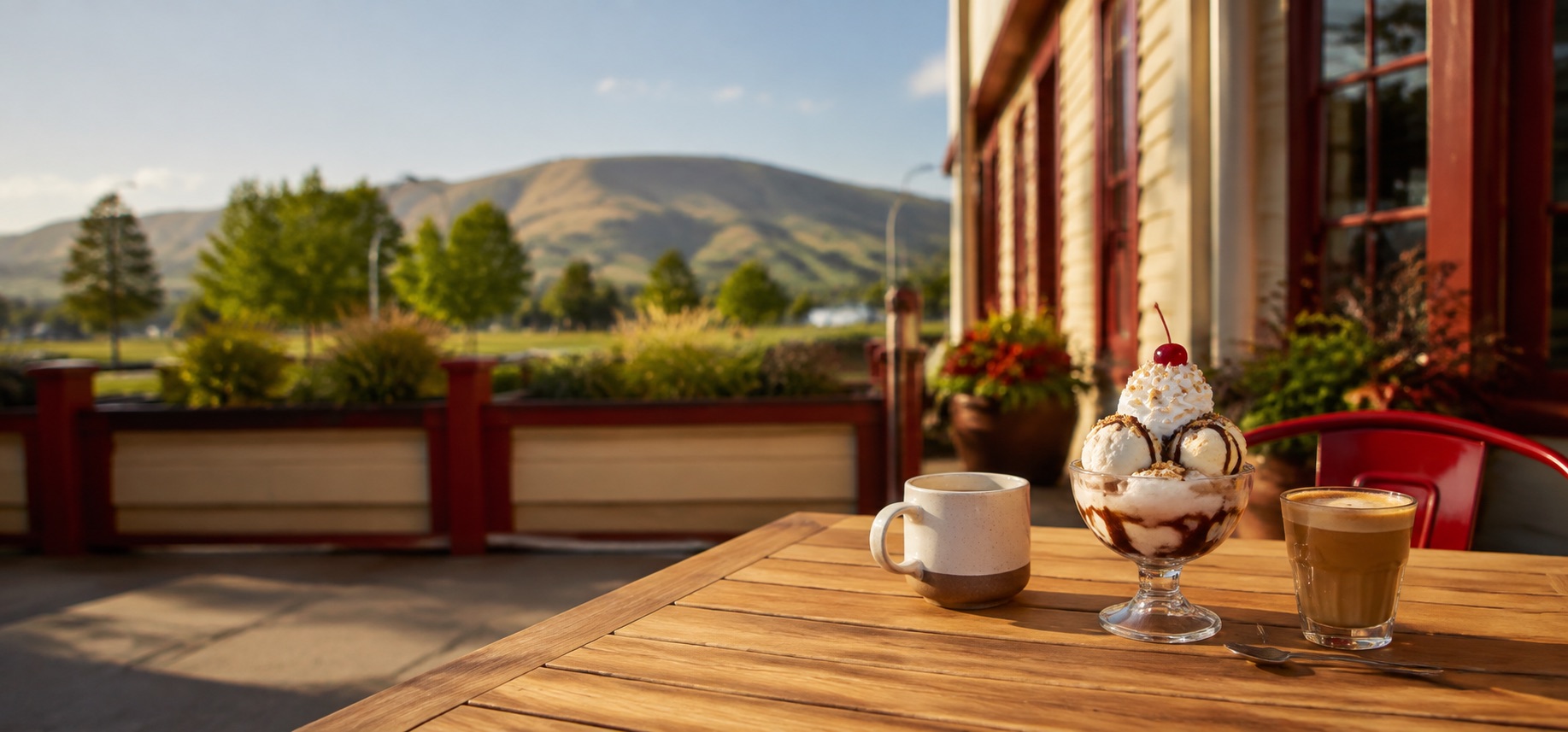 Ice cream and coffee on a sunny outdoor patio